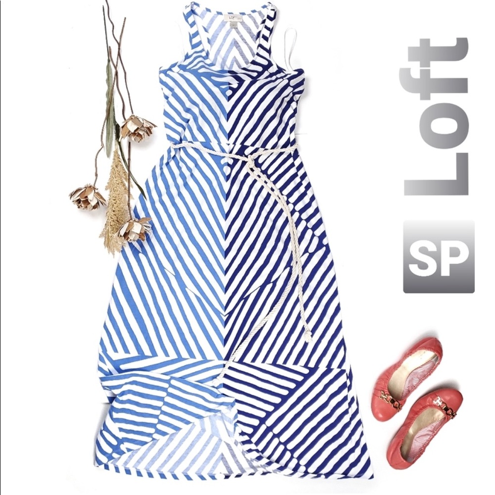 New LOFT Blue White Striped Rope Belt Maxi Dress S